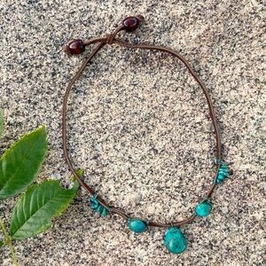 Turquoise and Brown Beaded Leather Necklace